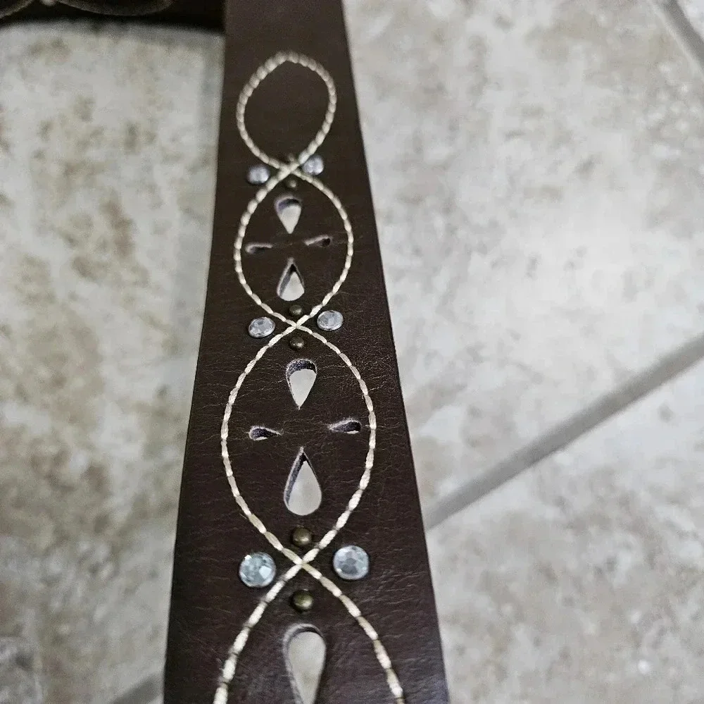 LULU NYC Womens Brown Western Cowgirl Belt Faux Leather Rhinestone Stitching Y2K - Picture 4 of 6